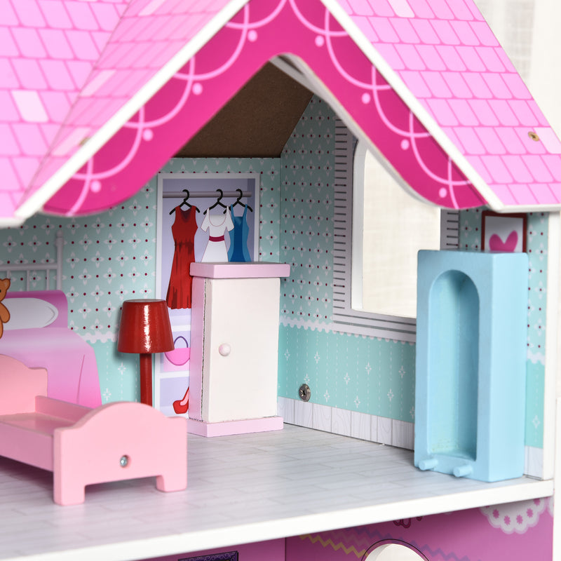 Casa delle Bambole 3 Piani 86x30x87 cm in Legno con Accessori  Rosa-10