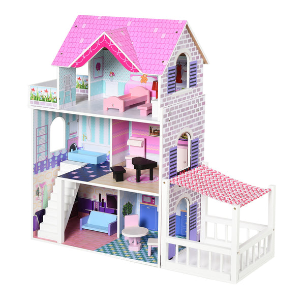 Maison de poupée 3 étages 86x30x87 cm en bois avec accessoires roses sconto