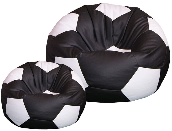 Pouf poire Ø100 cm en similicuir avec repose-pieds Baselli ballon de football noir et blanc sconto
