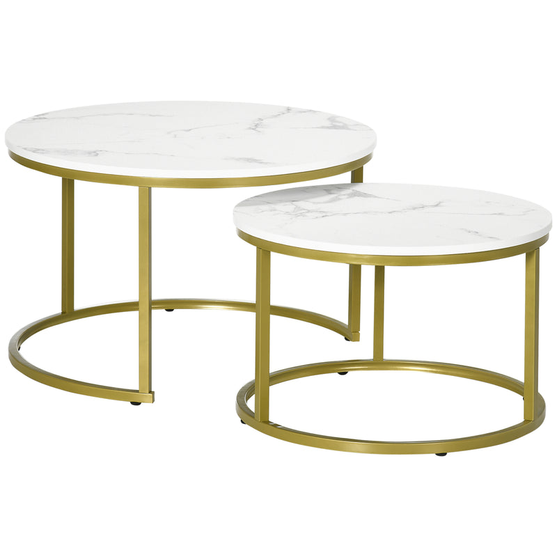 Set 2 Tavolini Impilabili con Piano Rotondo in Acciaio e Truciolato Bianco e Oro-1