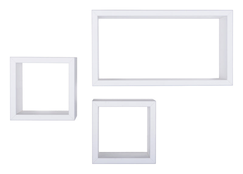 Set 3 Mensole Cubo da Parete Quadrato e Rettangolare in Fibra di Legno Tribù Bianco-3