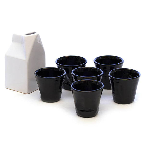 online Lot de 6 tasses à café froissées noires avec pot à lait en grès Kaleidos blanc
