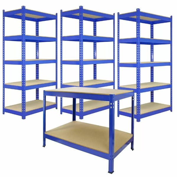Lot de 3 étagères emboîtables avec établi de 120 cm et plateaux en MDF marteau Structure en acier bleu sconto