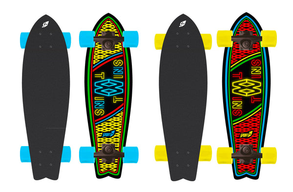 acquista Skateboard con Tavola 70 cm in Legno Coda di Rondine Twins Giallo/Azzurro e Rosso/Giallo