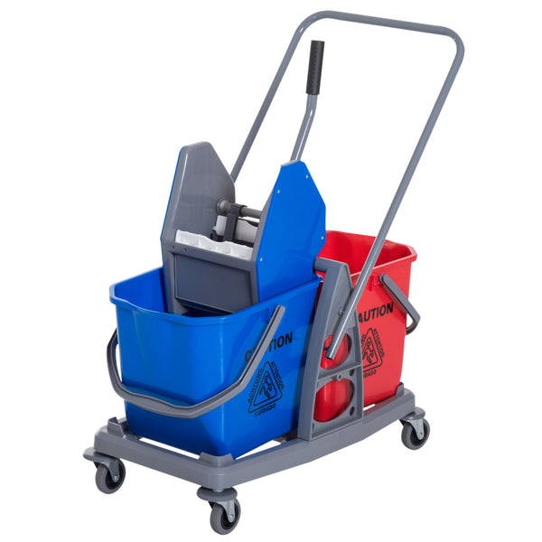 Chariot de ménage professionnel avec essoreuse et 2 seaux bleu et rouge sconto