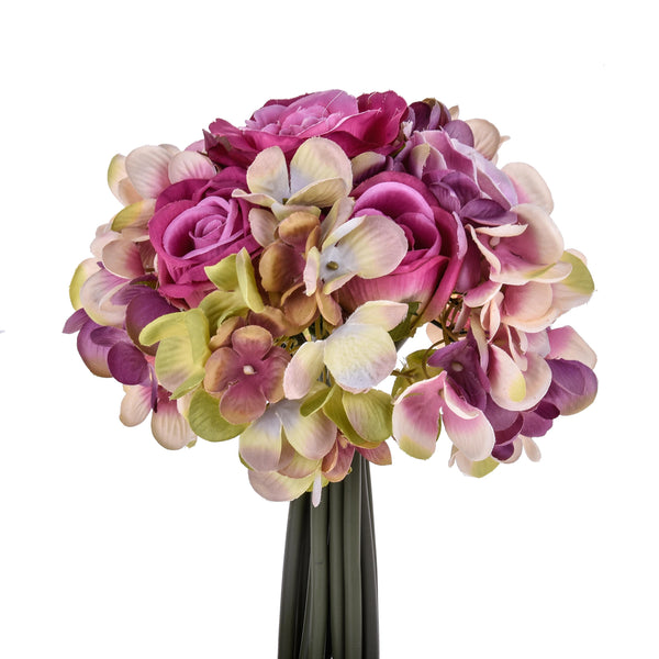 Set 2 Bouquets Artificiels Composés de 11 Fleurs Rose et Hortensia Hauteur 20 cm Rose sconto