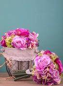2 Bouquet Artificiali Composto da 11 Fiori di Rose e Ortensie Altezza 20 cm Rosa-3