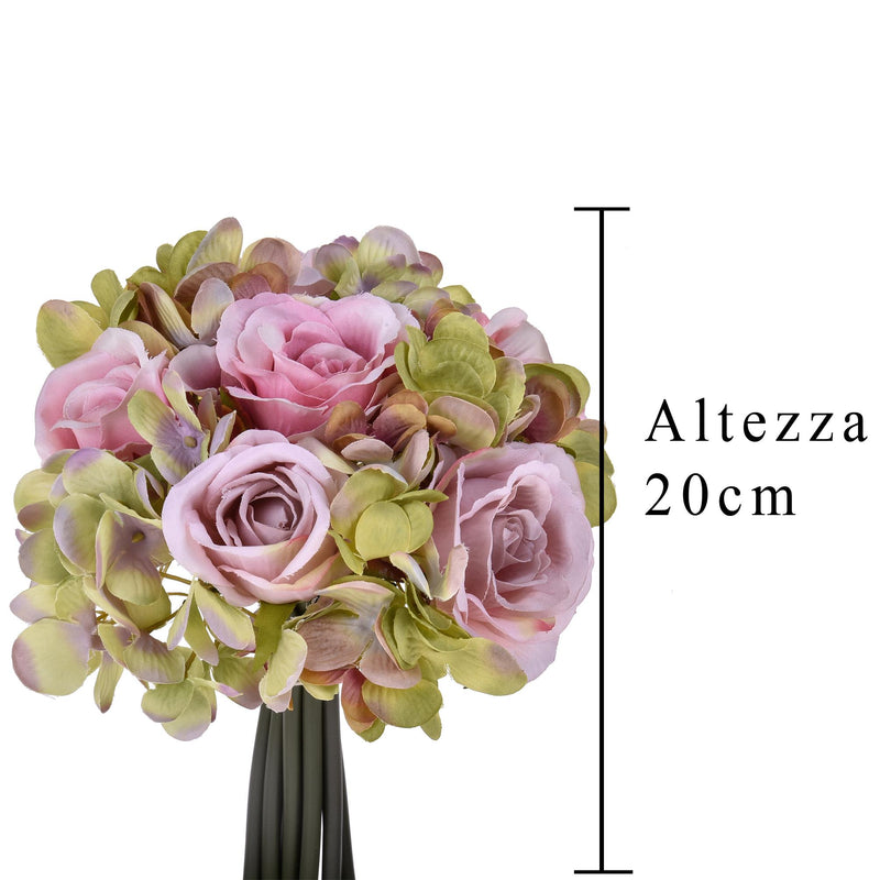 2 Bouquet Artificiali Composto da 11 Fiori di Rose e Ortensie Altezza 20 cm Rosa-2