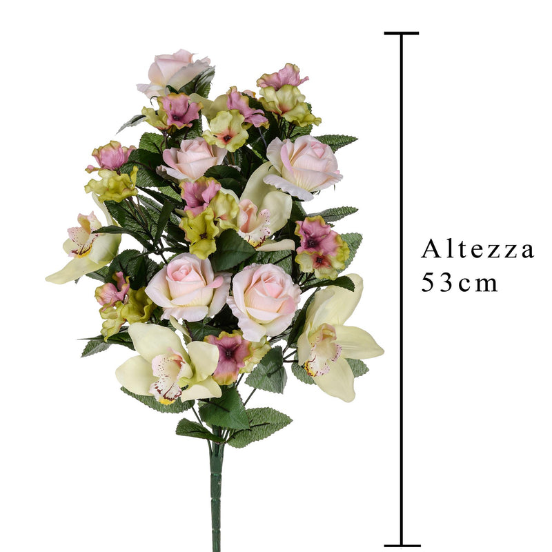 Bouquet Artificiale Frontale di Rose e Cymbidium Altezza 53 cm Rosa-2