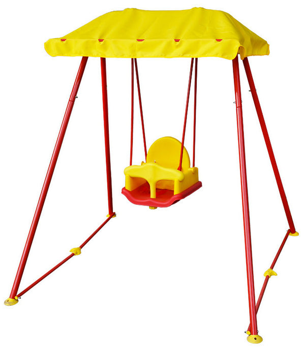 online Balançoire de jardin 1 place 150x126x143 cm avec parasol en métal rouge et jaune Kid