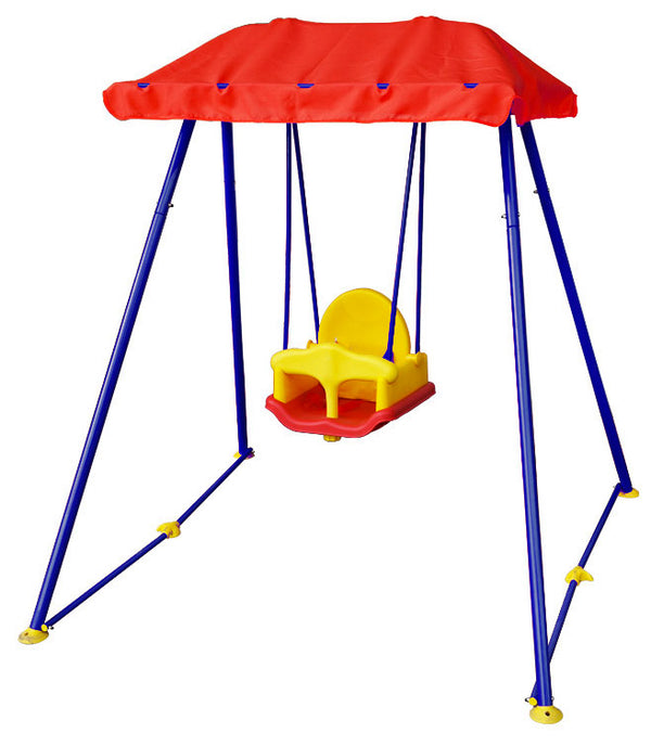 Balançoire de jardin 1 place 150x126x143 cm avec parasol métal enfant bleu et jaune sconto