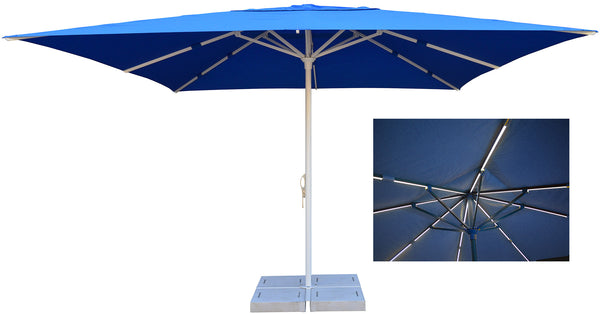 online Parasol de jardin 4x4 m mât Ø60 mm avec LED en aluminium blanc brillant toile polyester bleu