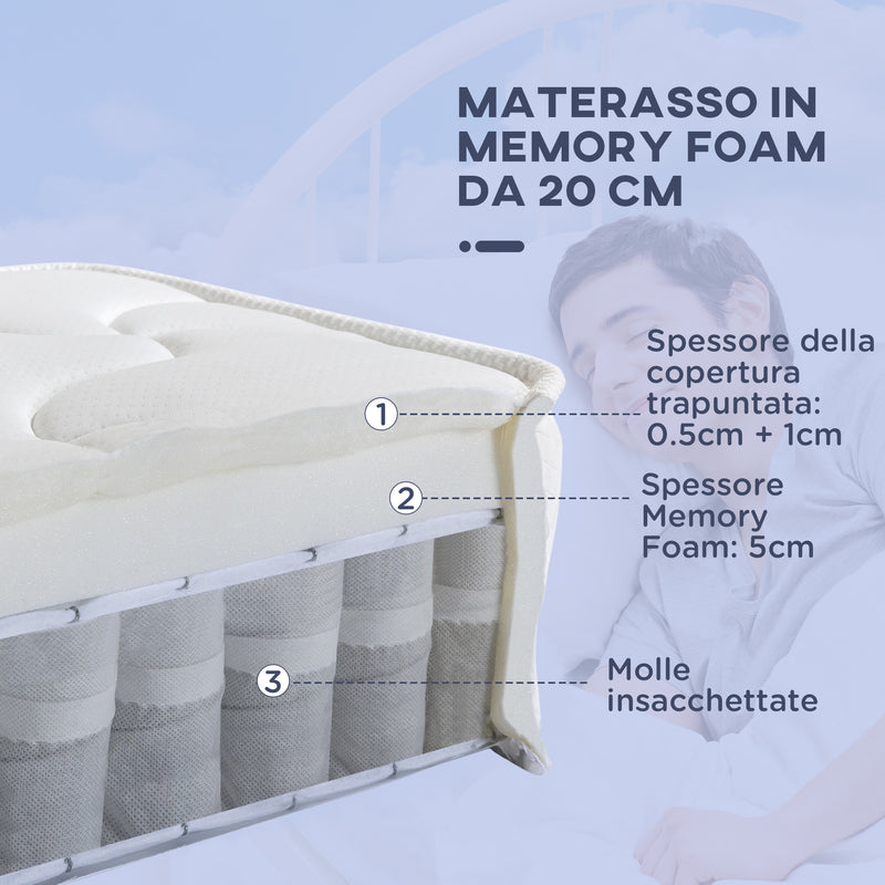 Materasso Memory e Molle Mastrimoniale Francese 140x190 cm H20 Bianco-6