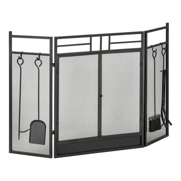 prezzo Pare-étincelles avec portes et porte centrale 122x1,6x80 cm en acier et grillage métallique noir