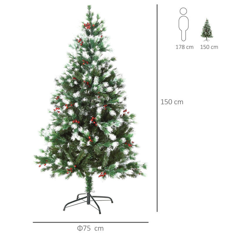 Albero di Natale Artificiale Innevato 150 cm 554 Rami con Bacche Rosse  Pino Verde-3