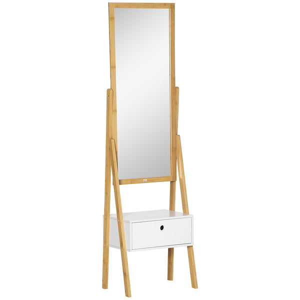 prezzo Miroir sur pied 45x30x160 cm avec tiroir en MDF et bambou en couleur blanc et bois