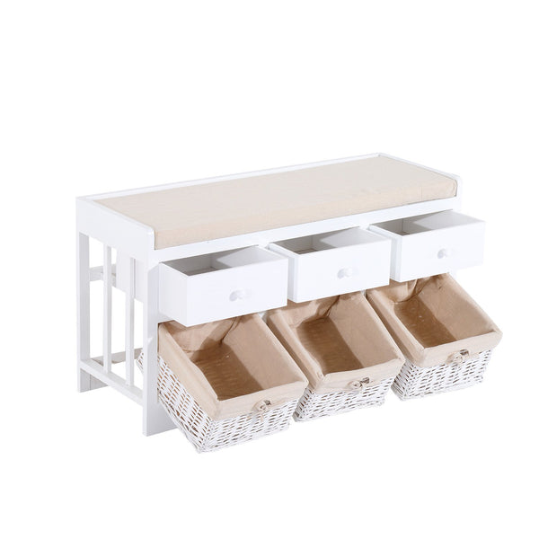 Banc de rangement en bois avec tiroirs et paniers en osier blanc 98x34x52 cm online