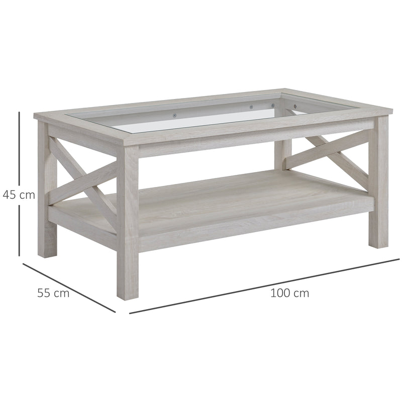 Tavolino Basso da Salotto con Ripiano in Vetro 100x55x45 cm in MDF Bianco-3