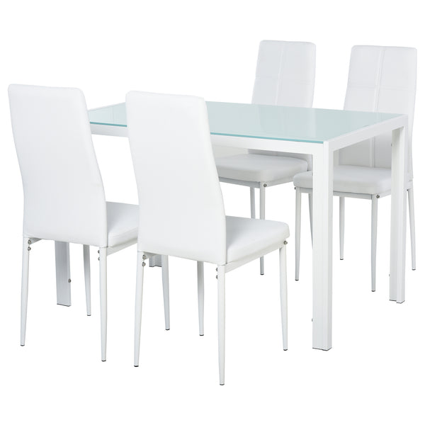 acquista Ensemble de salle à manger avec plateau en verre et 4 chaises en métal et simili cuir blanc