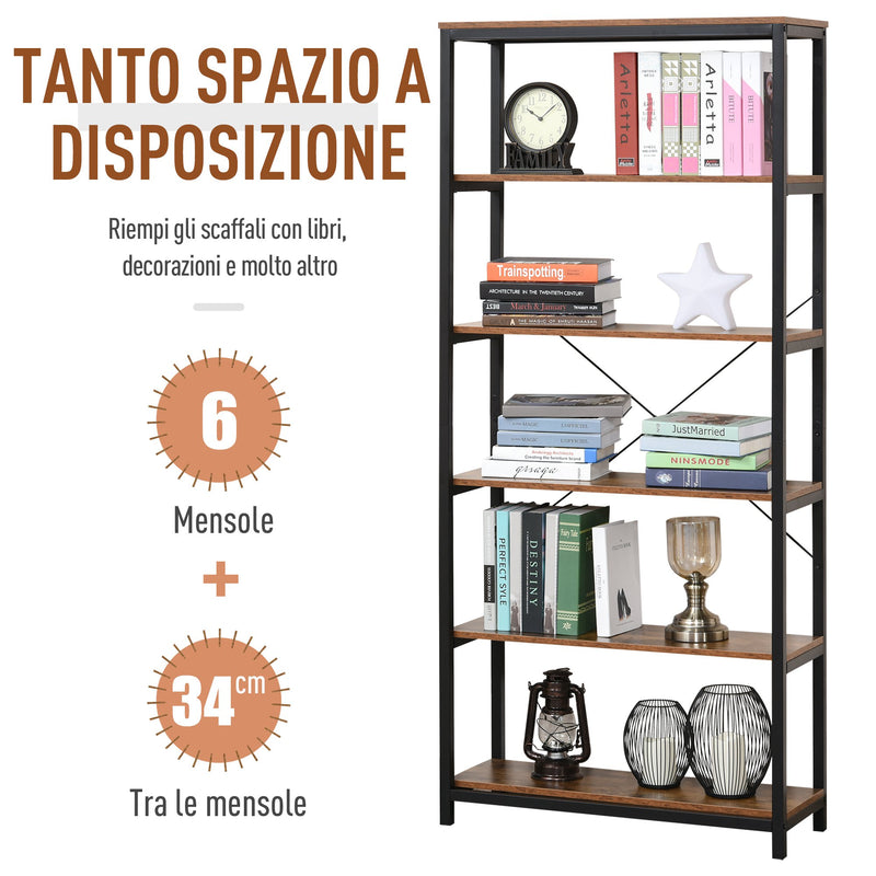 Libreria 6 Ripiani 80x30x180 cm in Legno e Metallo  Nera-5