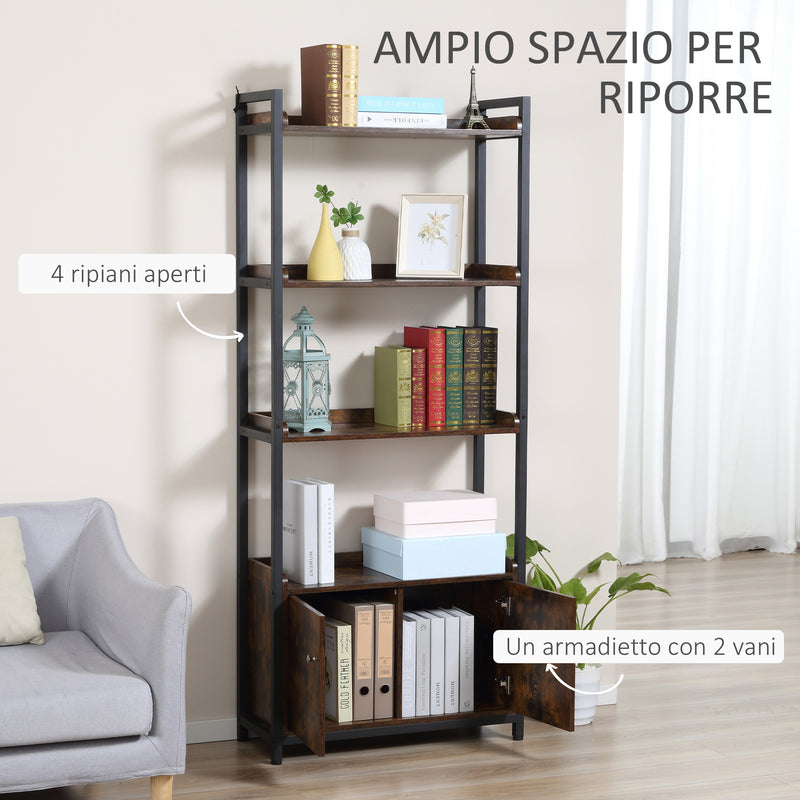 Libreria 4 Ripiani 2 Ante 75x30x180 cm in Legno Truciolare e Metallo Marrone-4