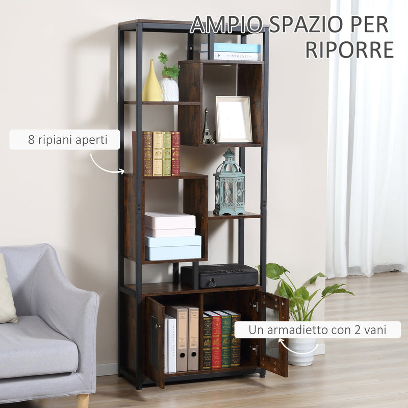 Libreria 8 Ripiani 2 Ante 70x30x180 cm in Legno Truciolare e Metallo Marrone-4