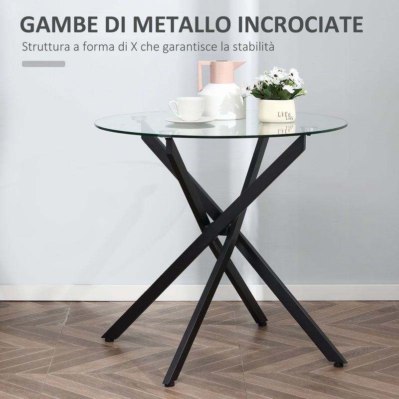 Tavolino da Salotto Ø80x75 cm con Piano in Vetro Gambe in Metallo Nero-4