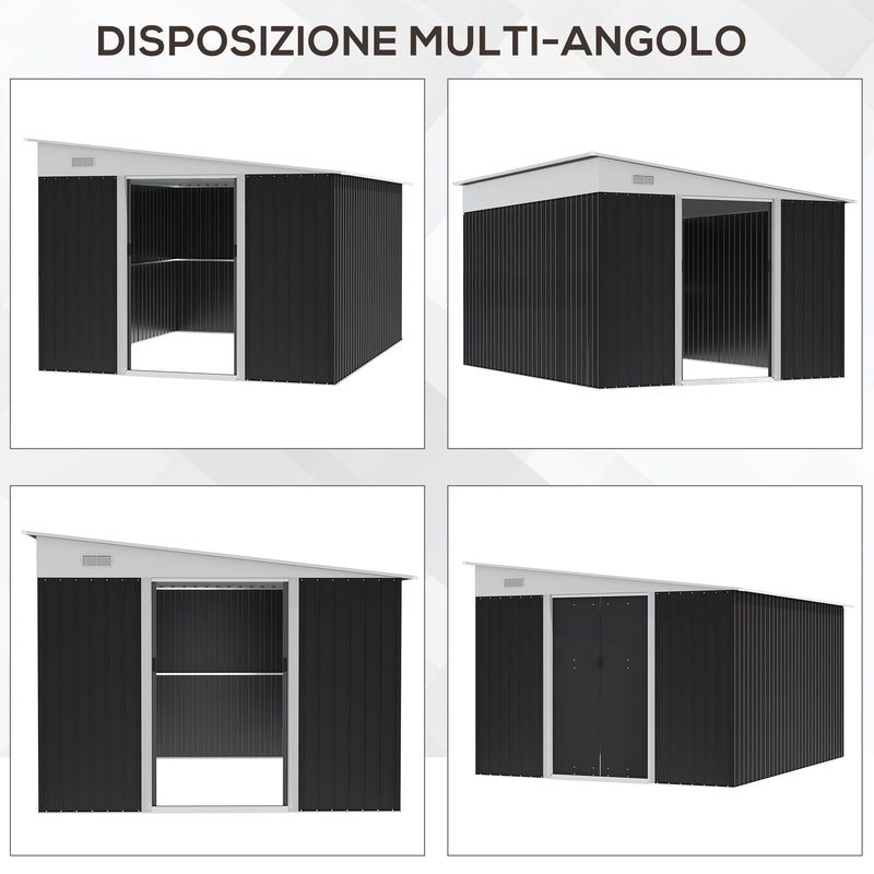 Casetta Box da Giardino 345x280,5x169-201 cm Porta Scorrevole in Acciaio Nero-4