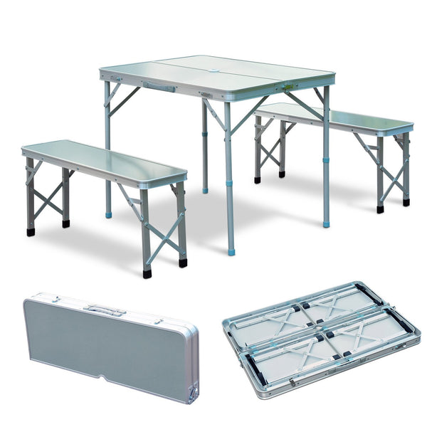 Ensemble de table de pique-nique de camping 2 bancs pliants en aluminium argenté acquista
