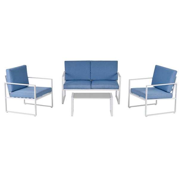 Salon de jardin canapé 2 fauteuils et table basse en métal blanc et bleu sconto