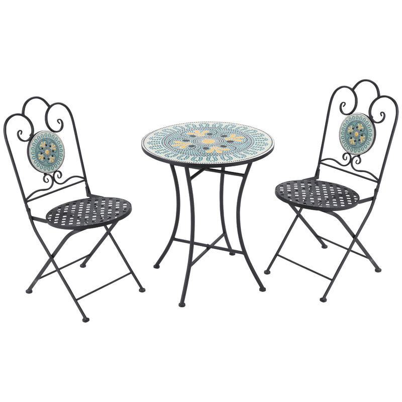 Set Tavolo e 2 Sedie Pieghevoli da Giardino con Mosaico in Metallo-1