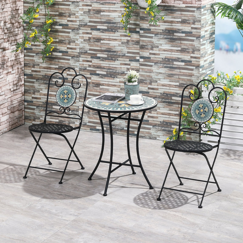 Set Tavolo e 2 Sedie Pieghevoli da Giardino con Mosaico in Metallo-2