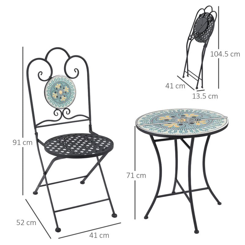 Set Tavolo e 2 Sedie Pieghevoli da Giardino con Mosaico in Metallo-3