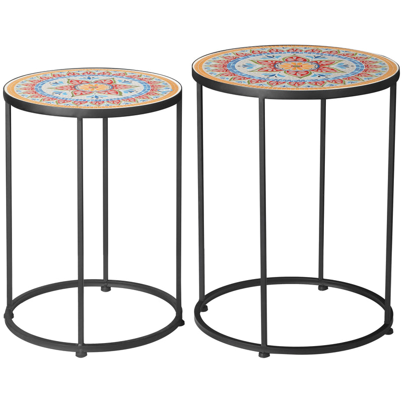 Set 2 Tavolini da Giardino in Ceramica e Metallo con Piano a Mosaico-1