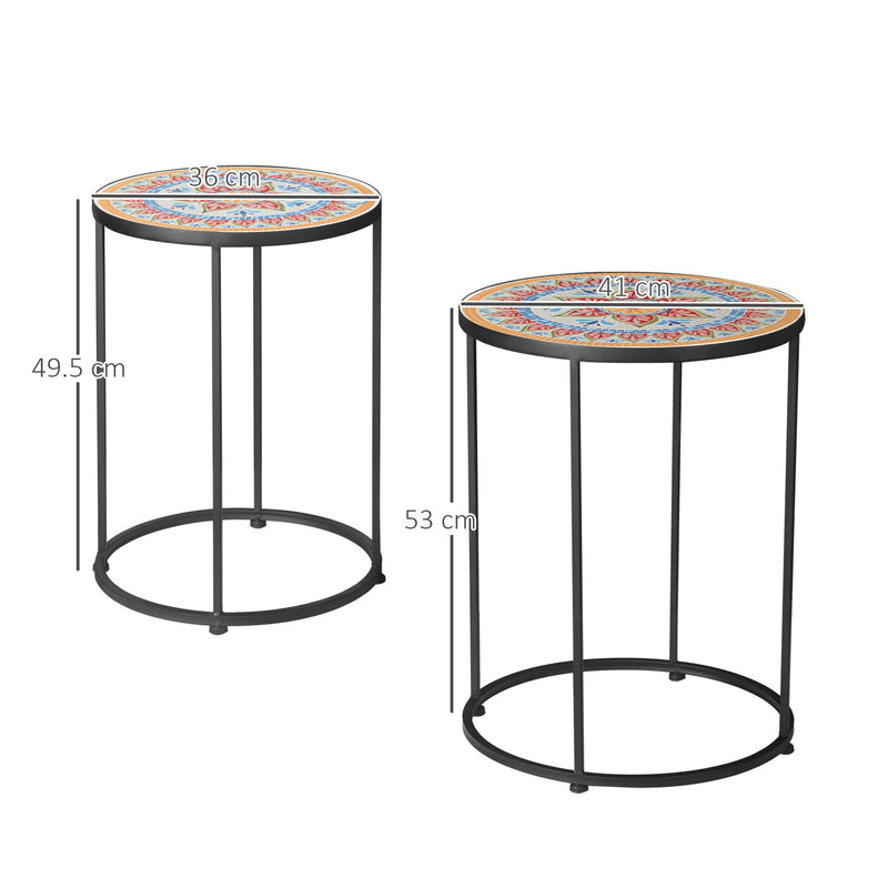 Set 2 Tavolini da Giardino in Ceramica e Metallo con Piano a Mosaico-3