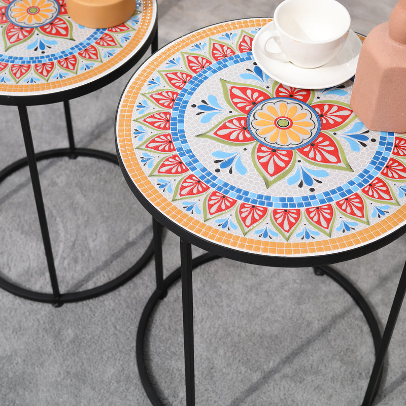 Set 2 Tavolini da Giardino in Ceramica e Metallo con Piano a Mosaico-7