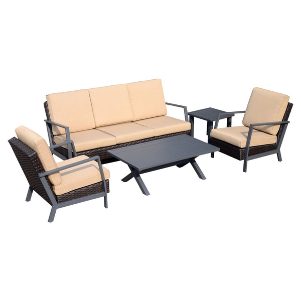 prezzo Salon de jardin en rotin synthétique canapé et fauteuils avec coussins marron et beige