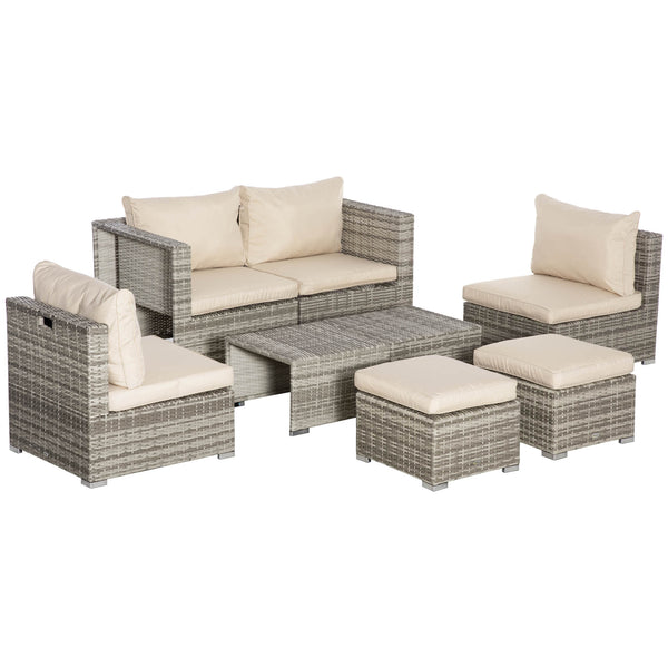 Salon de jardin canapé 2 fauteuils table basse et 2 poufs en rotin beige et gris acquista