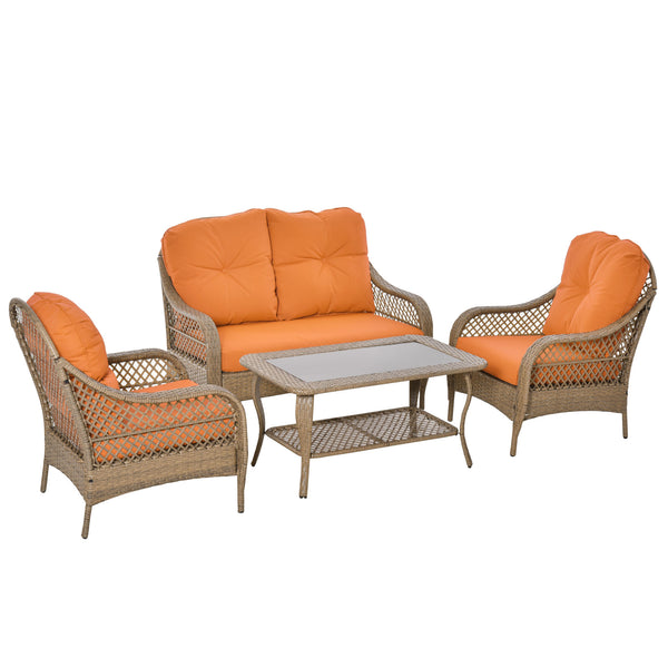 online Ensemble de jardin canapé 2 fauteuils et table basse en rotin avec coussins orange