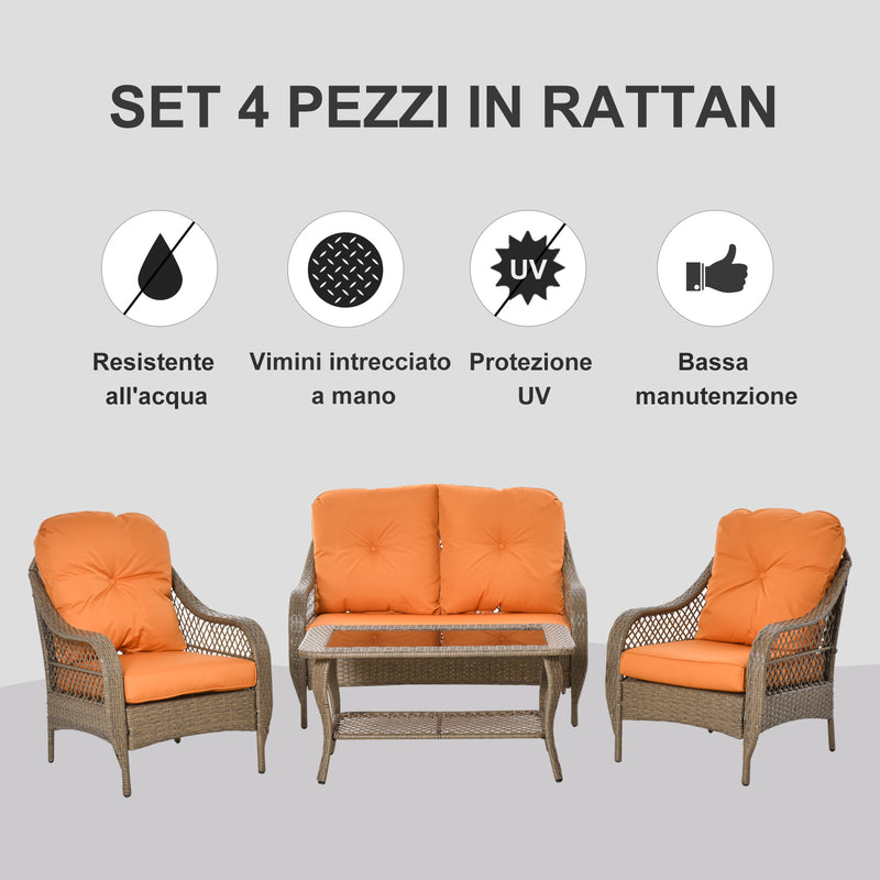 Set da Giardino Divano 2 Poltrone  e Tavolino in Rattan con Cuscini Arancione-4
