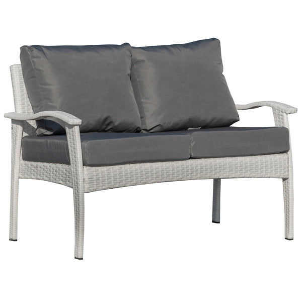 Canapé de jardin 2 places 120x63x77 cm en rotin avec coussins blancs et gris prezzo