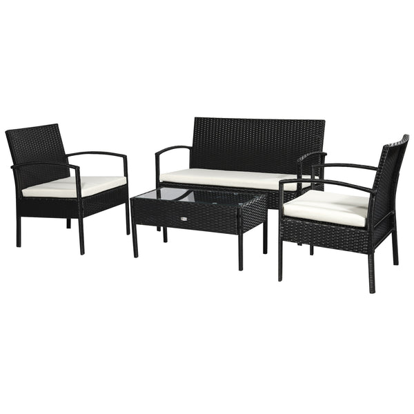 online Salon de jardin en rotin synthétique Table basse 2 fauteuils et canapé avec coussins noirs