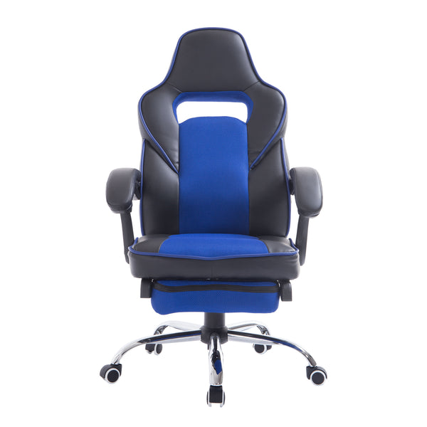 Chaise de jeu ergonomique inclinable en similicuir avec repose-pieds noir et bleu sconto