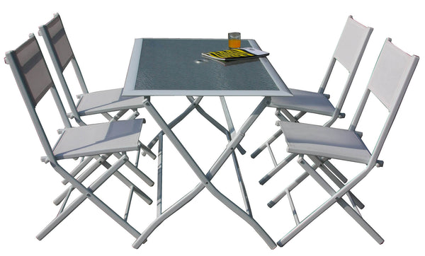 sconto Bauer Astro Ensemble de table et 4 chaises de jardin pliantes en acier blanc