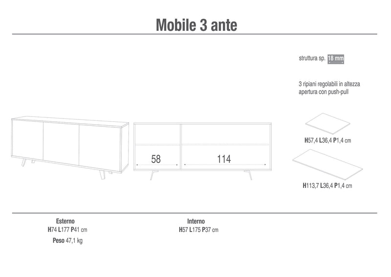 Mobile 3 Ante 177x74x41 cm Cemento/Bianco Lucido-2