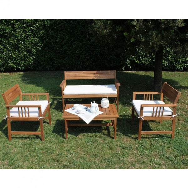prezzo Salon de jardin canapé 2 fauteuils et table basse avec coussins en bois marron