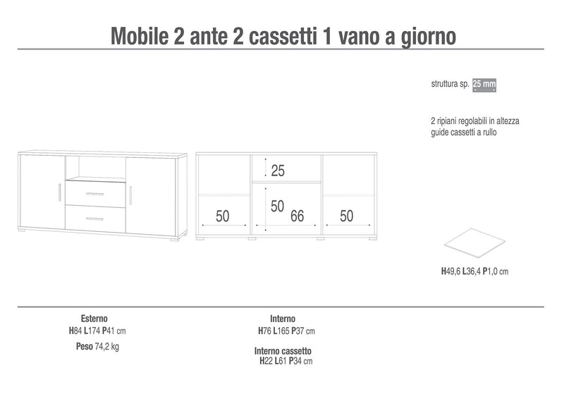 Mobile 2 Ante 2 Cassetti 174x84x41 cm Ossido Bianco-2
