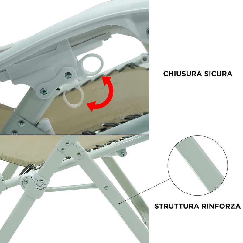 Sedia Sdraio Zero Gravity Reclinabile Pieghevole in Acciaio e Textilene Ariel Bianca e Tortora-4