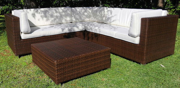 prezzo Ensemble de jardin 2 canapés fauteuil et table basse en polyrotin marron Morel Dubai