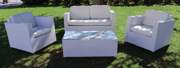 sconto Ensemble de jardin canapé fauteuils et table basse en polyrotin blanc Morel Venezia